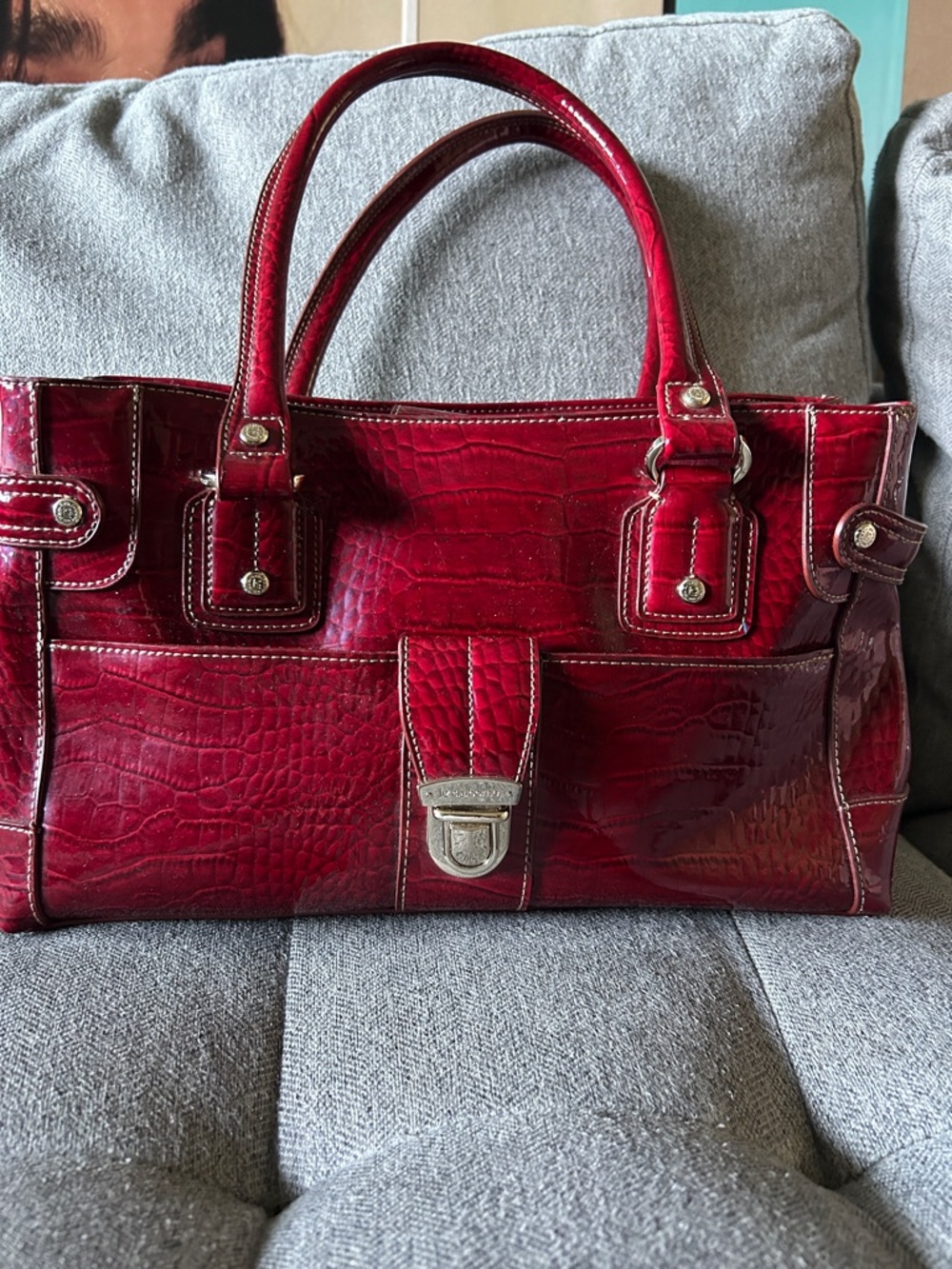 Liz Claiborne Red Croc-Embossed Patent Satchel